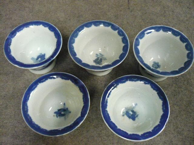 伊万里 海辺風景 染付 広東型 蕎麦猪口 5個 [B31397]