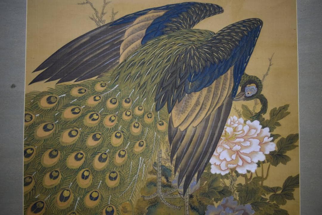 真作/翠雨山人（画）/孔雀に牡丹図/杉箱二重箱付/布袋屋掛軸HG-947
