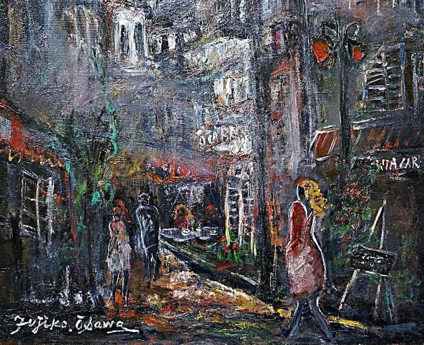 大澤扶二子■パリの街角■F20号■油彩画■絵画■油絵■真作■肉筆■風景画■人物画