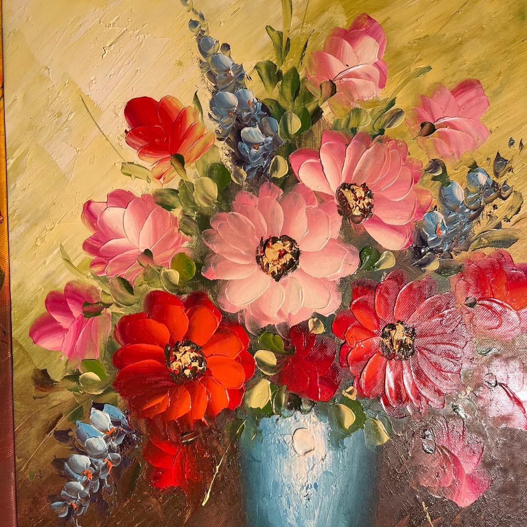 （大）手描き油絵 ３枚組 花瓶の花 額付 額付き 絵画 インテリア 油彩画