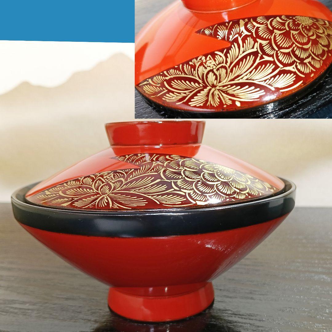 AN59 吸物椀 沈金蒔絵 高台 蓋付椀 木製朱漆器 五客 木箱