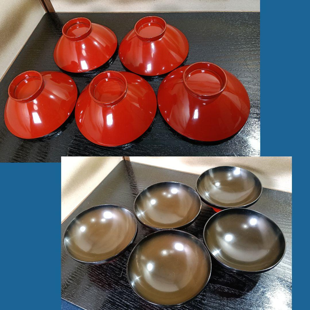 AN59 吸物椀 沈金蒔絵 高台 蓋付椀 木製朱漆器 五客 木箱