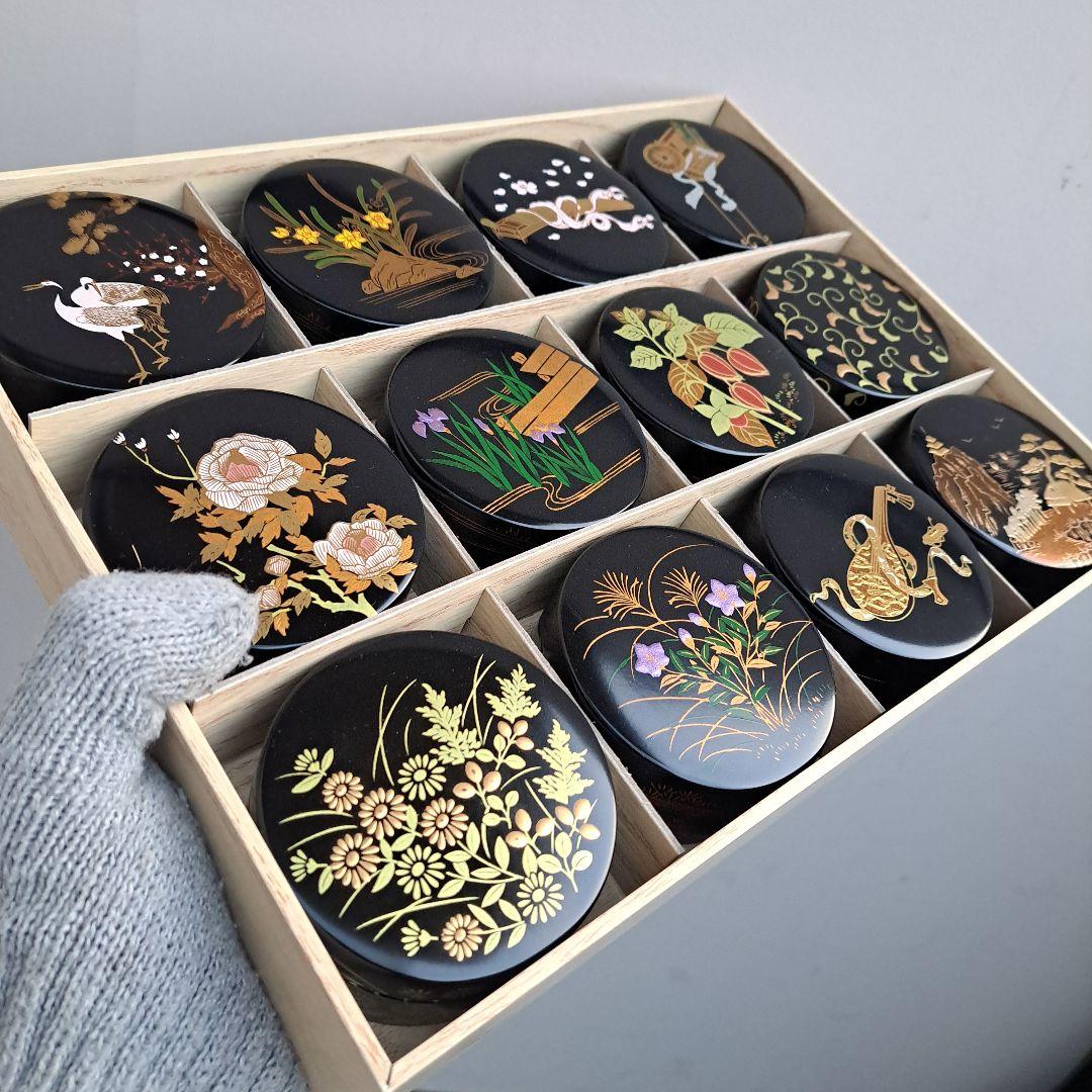 【雪月花の香合セット】合成漆器　切立/ワンタッチ式　蒔絵　未使用品