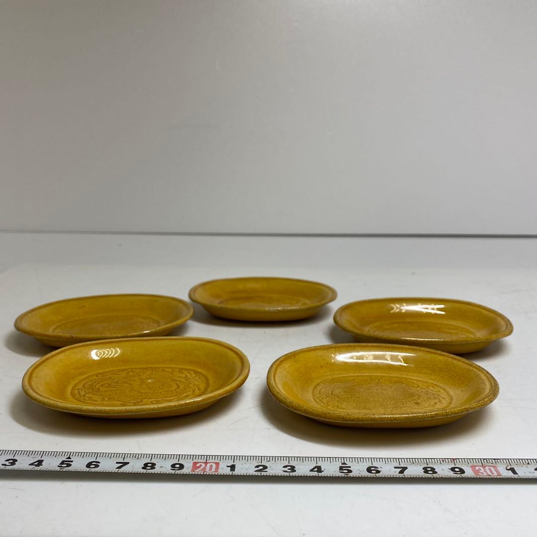 江戸後期 淡路民平焼 龍図小皿タサコサ5客共箱 幅約12cm 東R8-0213②