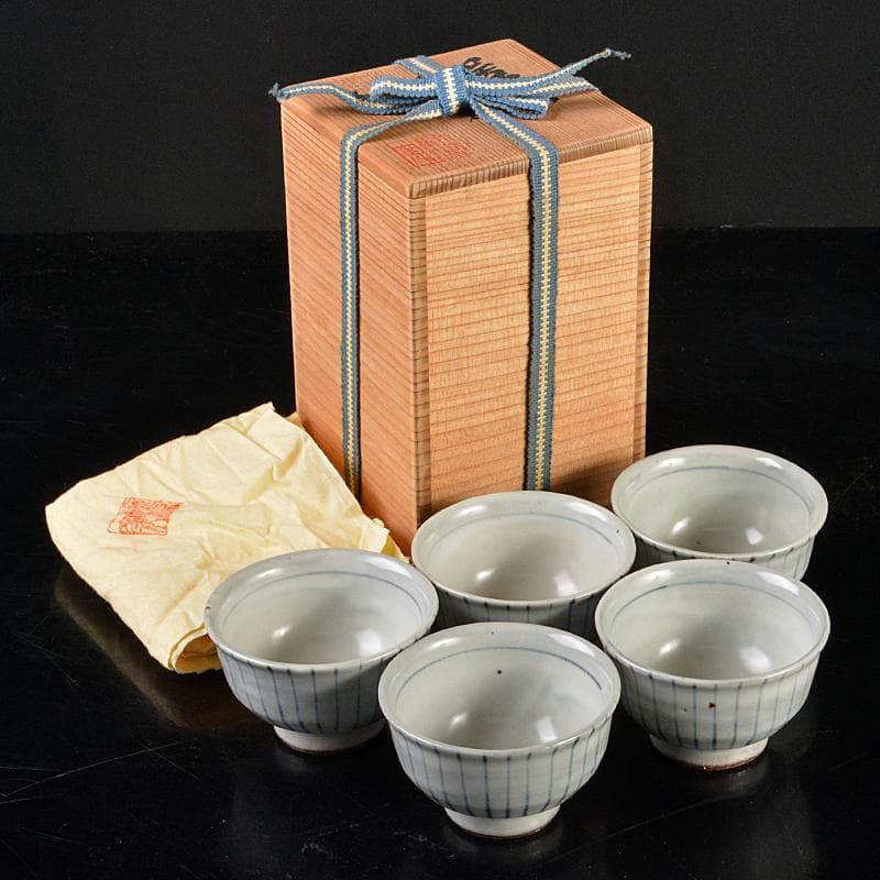 煎茶道具　加藤賢司 新晶窯　染付　呉須絵　煎茶碗　五客　共布共箱　M　R5964