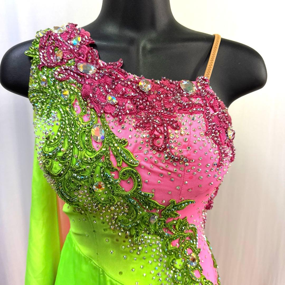 6329★S ネオングリーン ピンク スワロ スタンダードドレス 社交ダンス