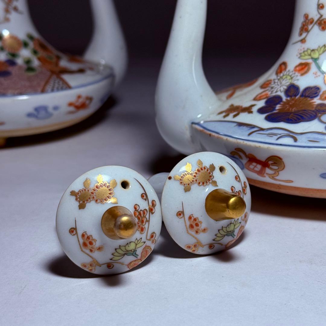 ◆伊万里 染錦金彩花鳥文銚子一対 酒器 上手品 明治時代◆