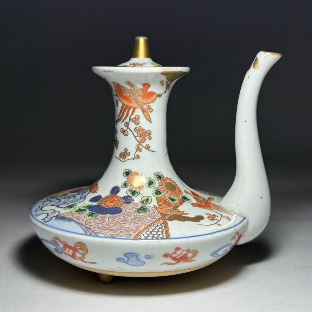 ◆伊万里 染錦金彩花鳥文銚子一対 酒器 上手品 明治時代◆