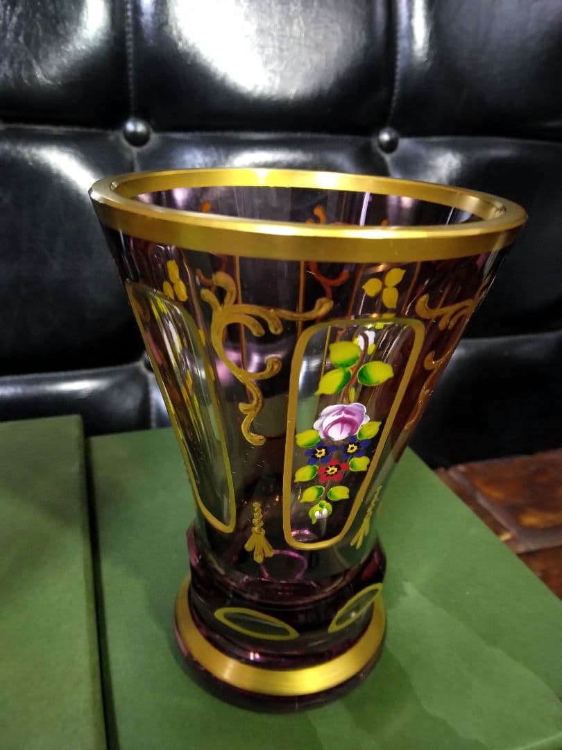 未使用　ドイツ製　ゴブレット　ペア　ハンドエナメル　ルビーレッド 　クリスタル