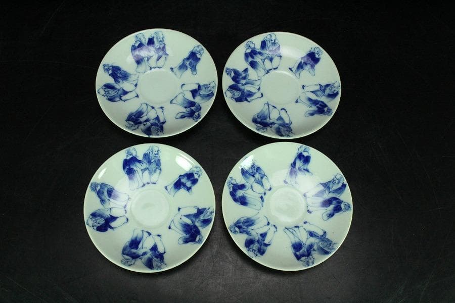 青花人物絵 酒器 煎茶碗 台 徳利 揃 共箱(K-LC849)