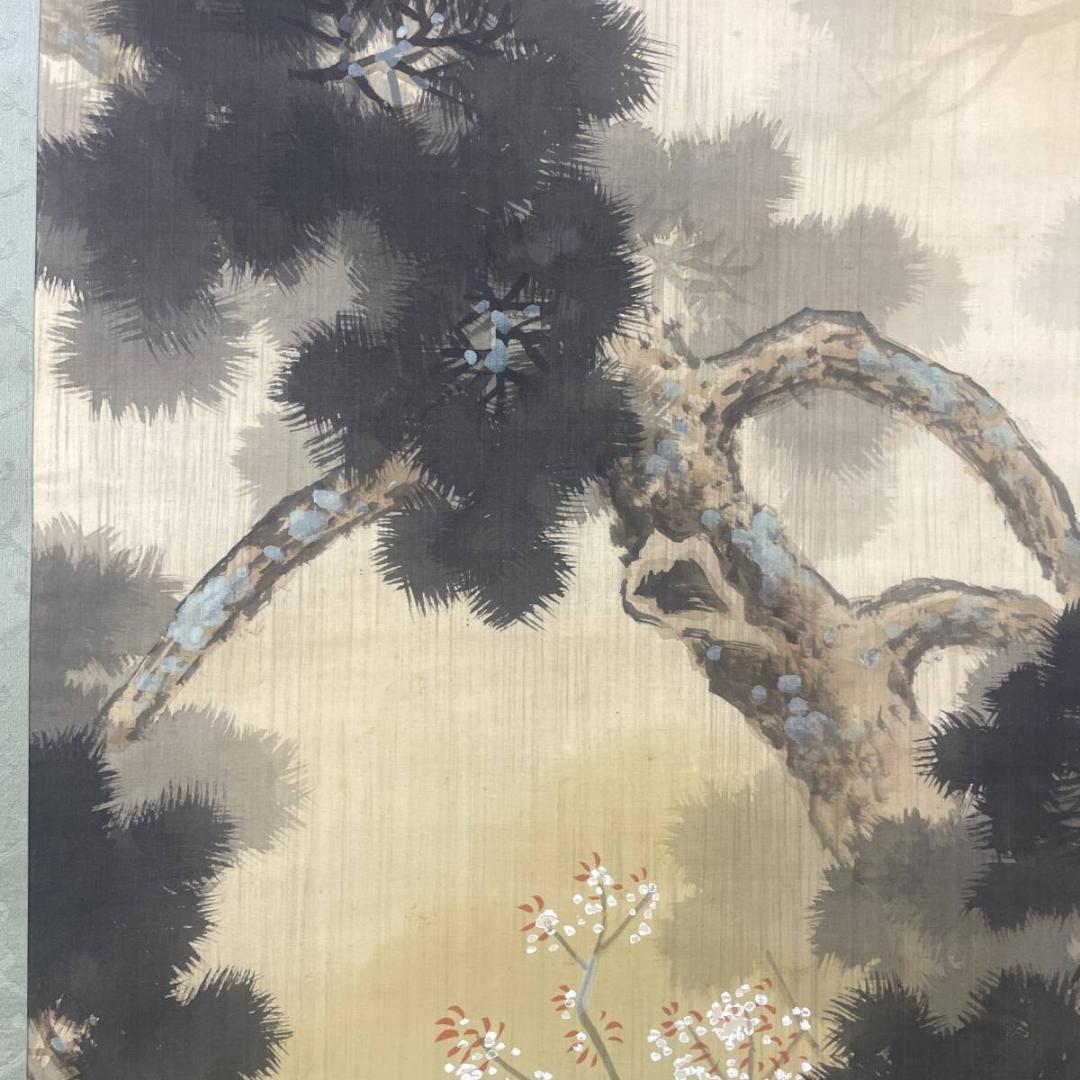 真作/春堂/雨中嵐山春色図/山水/桐共箱付/布袋屋掛軸A-298