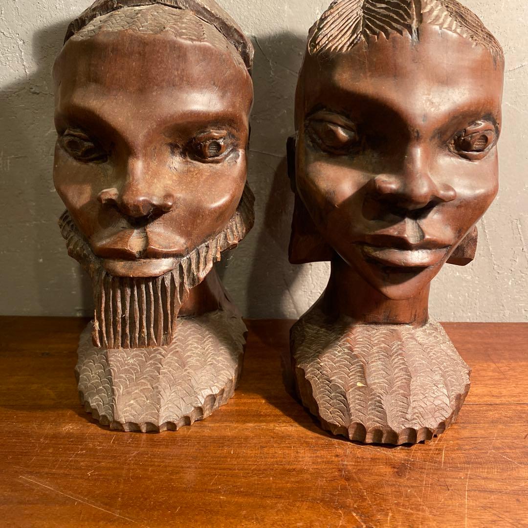 ヴィンテージ アフリカ木彫オブジェ 男女 プリミティブ インテリア置物