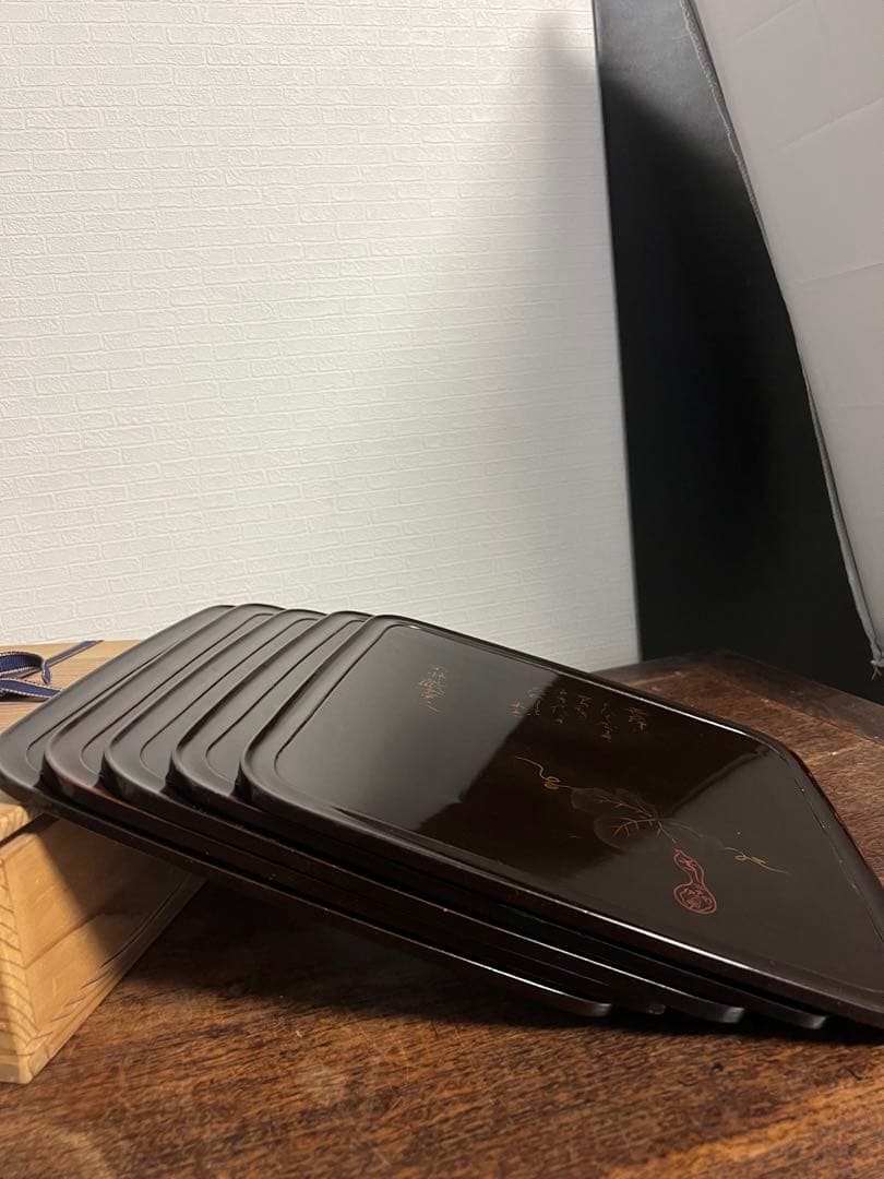 黑漆盆5枚セット 木箱付き　漆器　茶道具　古美術　骨董　工芸品