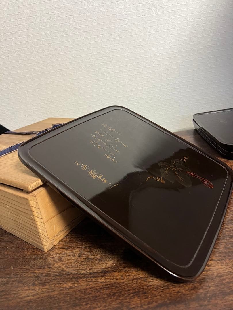 黑漆盆5枚セット 木箱付き　漆器　茶道具　古美術　骨董　工芸品