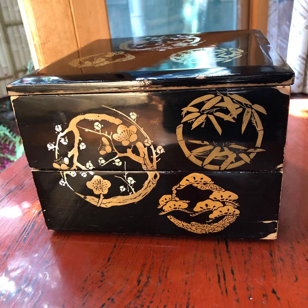 伝統的な木製黒塗 金松竹梅柄 二段重箱 漆器 伝統工芸 昭和初期 朱塗