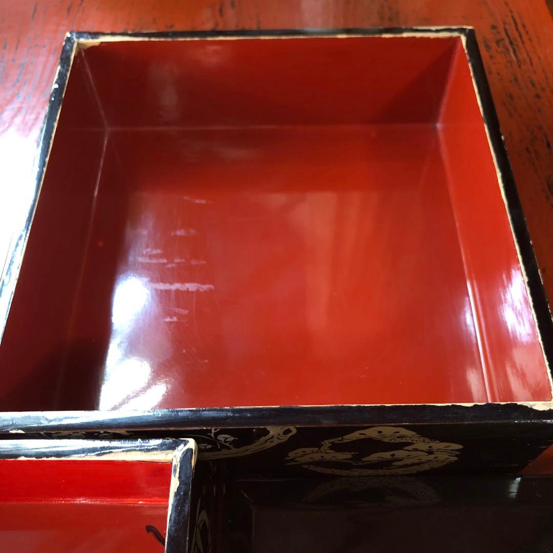 伝統的な木製黒塗 金松竹梅柄 二段重箱 漆器 伝統工芸 昭和初期 朱塗