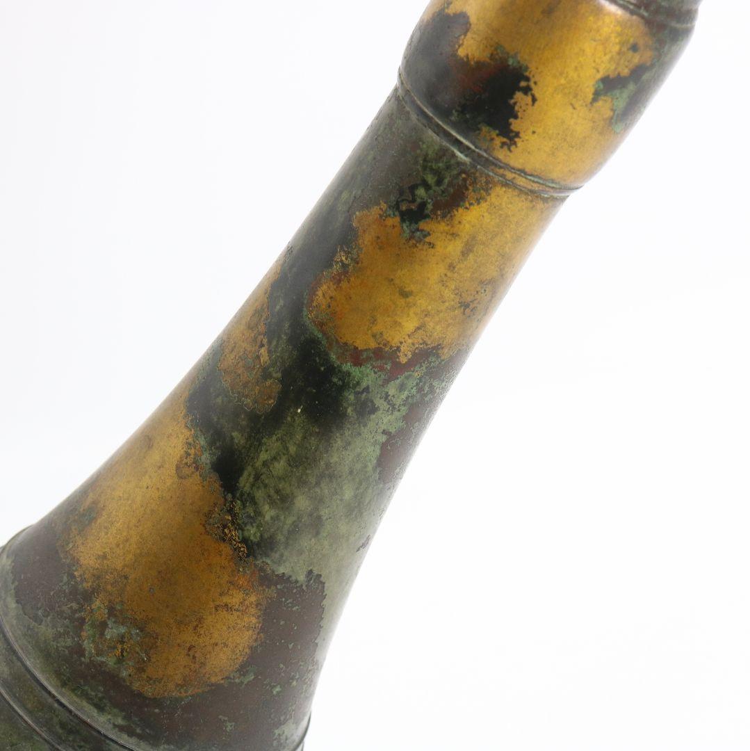 秦蔵六造 立鼓式 塗金銅花器 青銅器 共箱共布 高さ約38.7cm　DX496