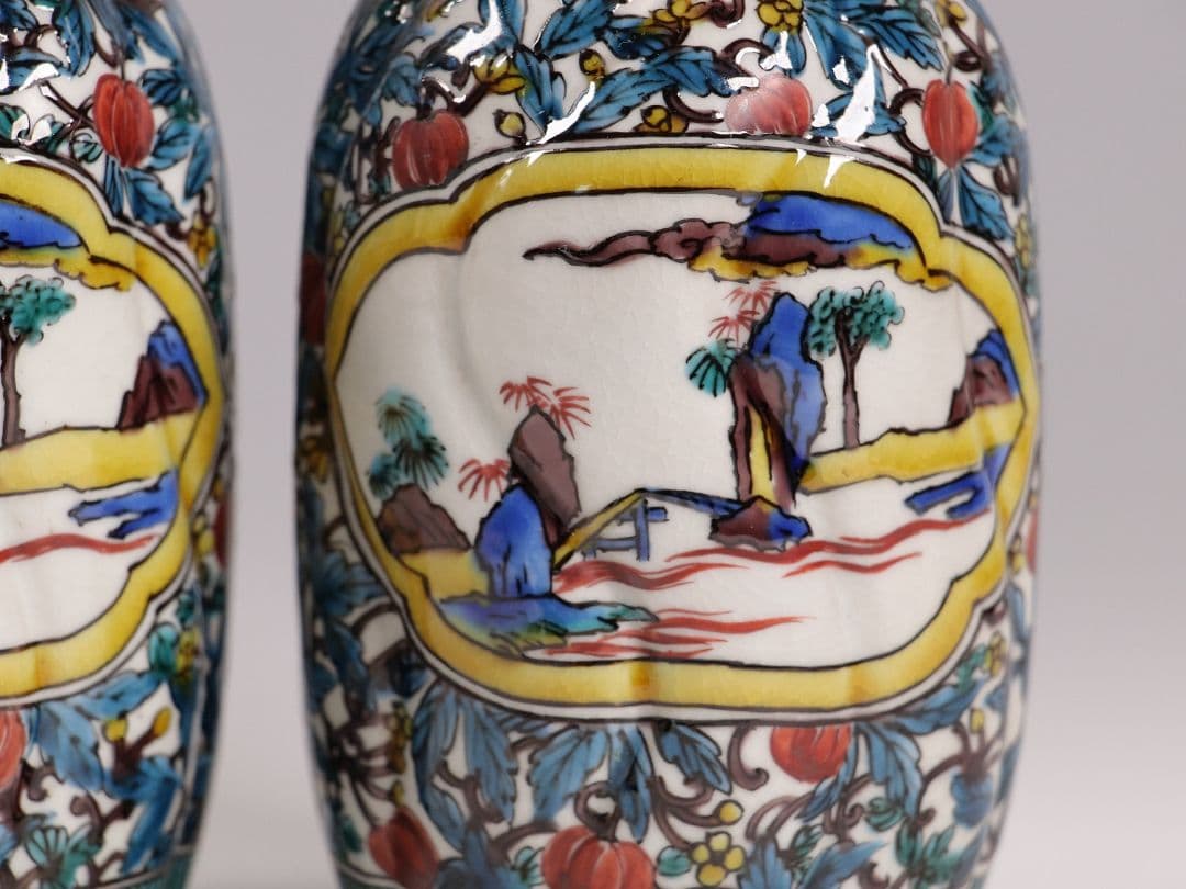 M681/ 初代 徳田八十吉 九谷焼 山水 徳利一対 共箱共布 二代徳利付 酒器