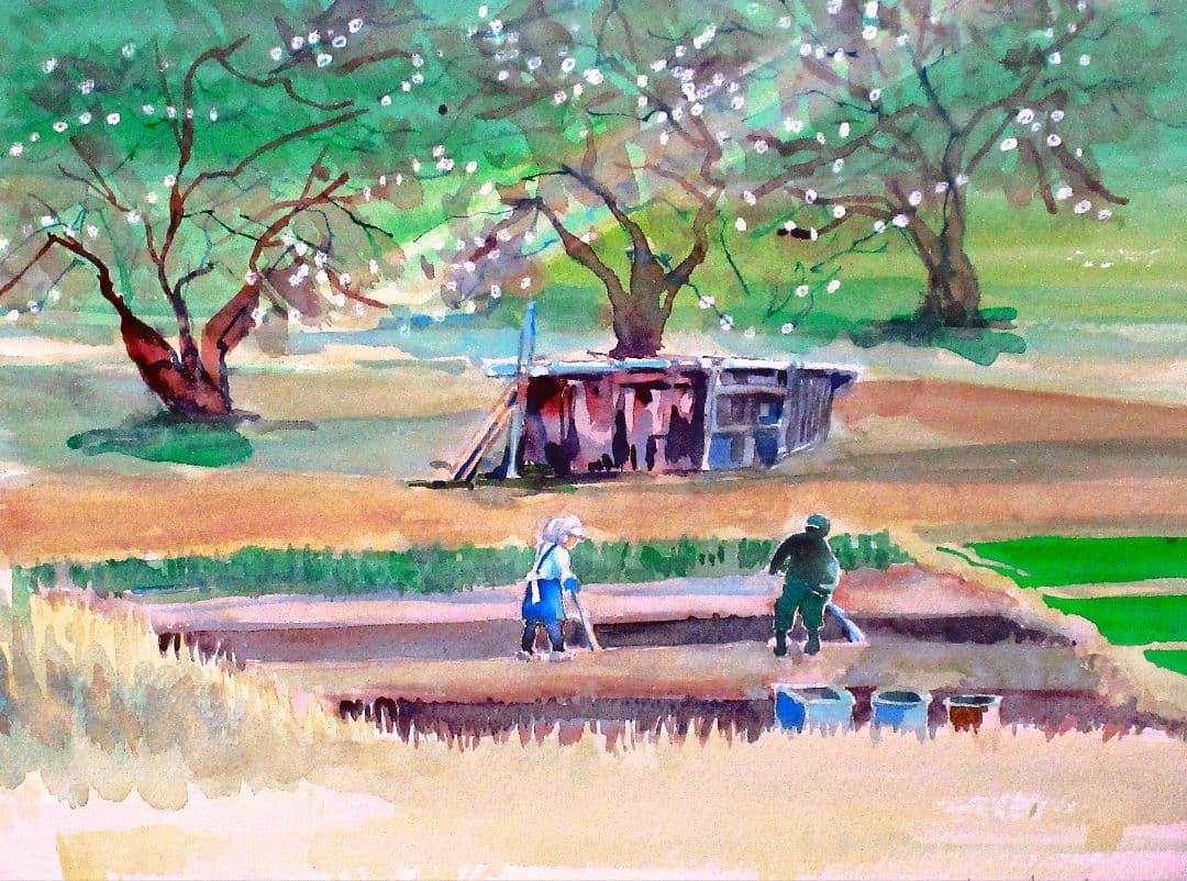 水彩画「梅の下の農夫」
