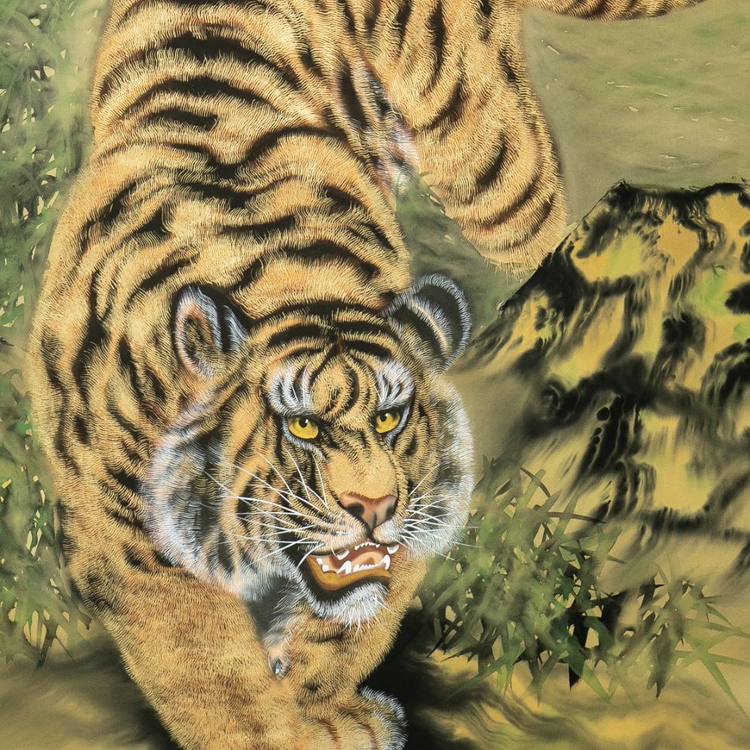 掛軸-1705　斎藤白揚　猛虎　共箱　総幅９７センチの大幅