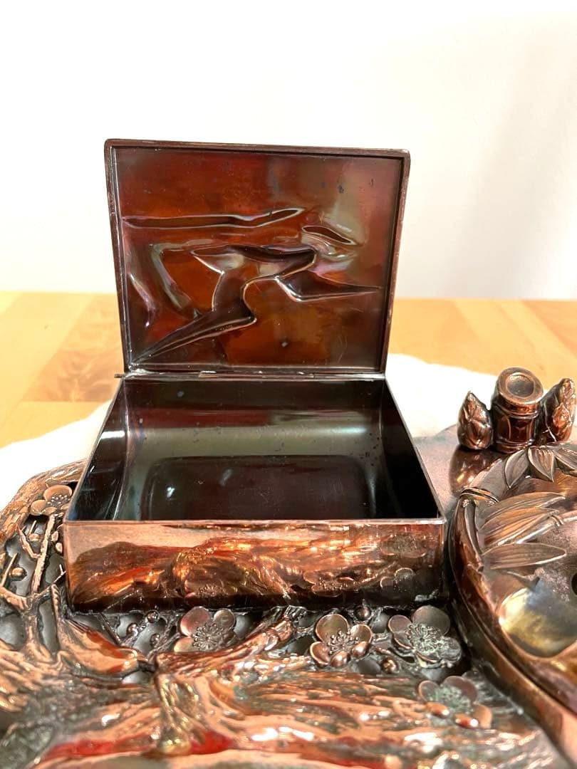 彫金細工、銅板細工、工芸品、タバコ入れと灰皿、昭和レトロ、アンティーク、骨董品