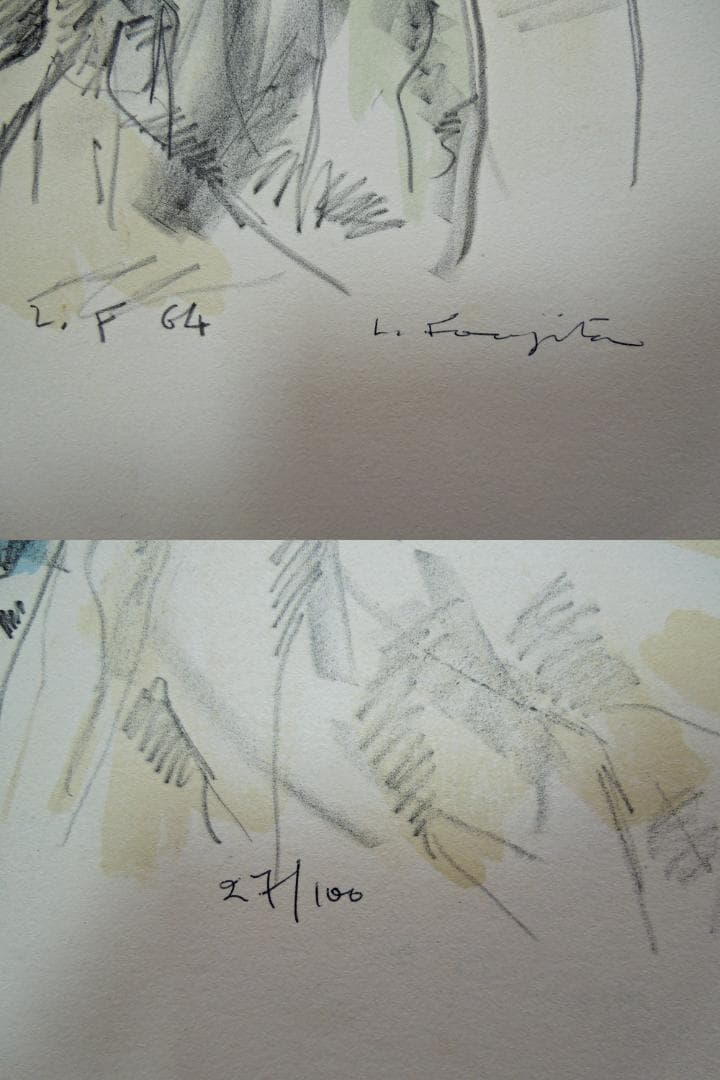 真作　130万円　君代コレクション　藤田嗣治　母と娘　直筆サイン　ブイッソン証明