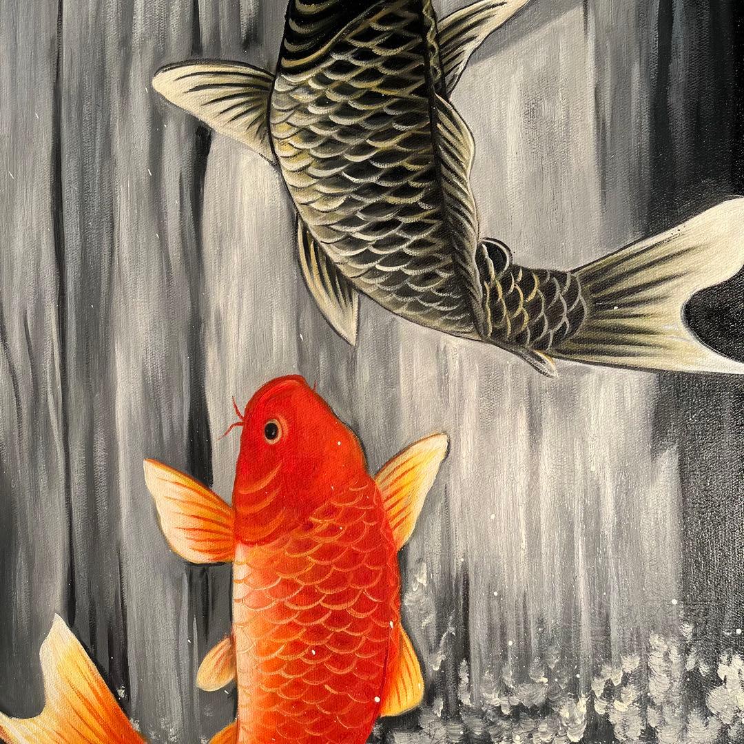 手書き油絵 鯉の滝登り 額付き 肉筆絵画 インテリア 油彩画