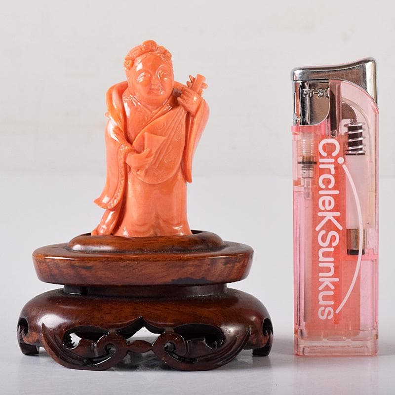 中国　赤珊瑚彫刻　サンゴ　弁財天像　七福神　置物　唐木台付　G　8383