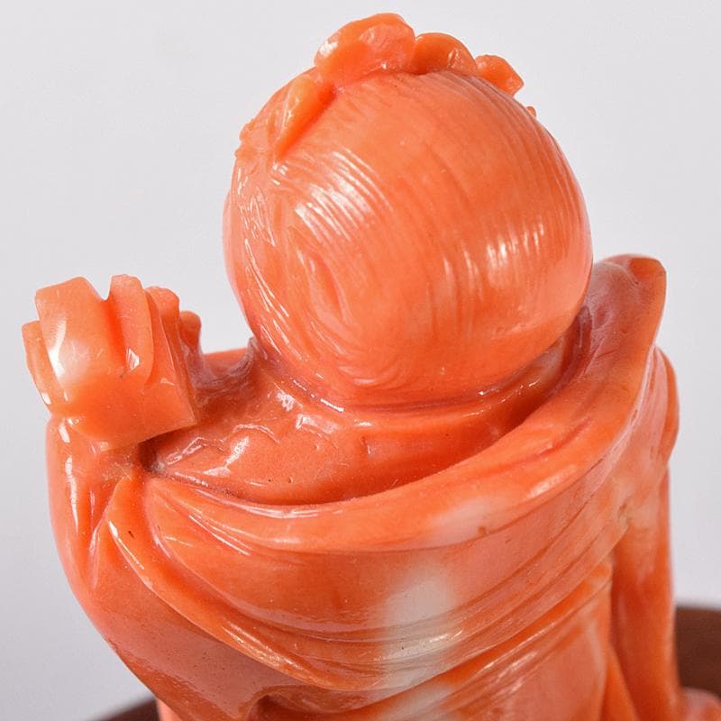 中国　赤珊瑚彫刻　サンゴ　弁財天像　七福神　置物　唐木台付　G　8383