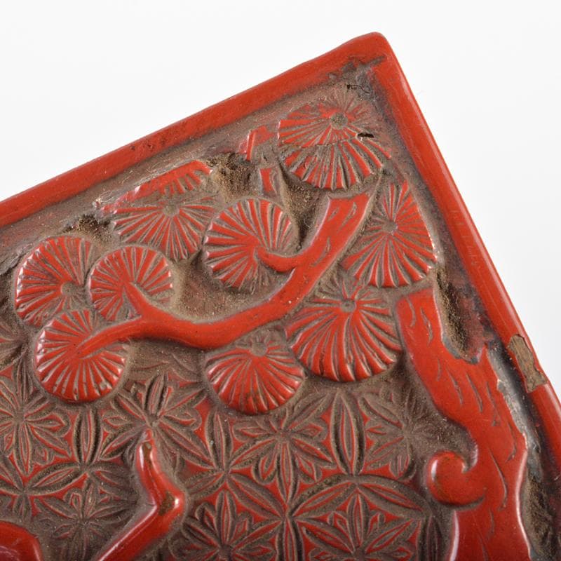 中国　剔紅　堆朱　山水人物文　四方　肉池　朱肉入　D　R6177