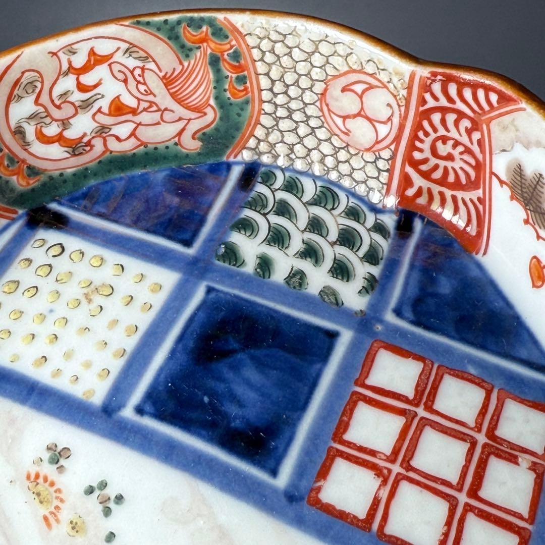 古伊万里　色絵幾何学文木瓜形皿　五客　裏文様有　巻物　宝珠　幕末〜明治期