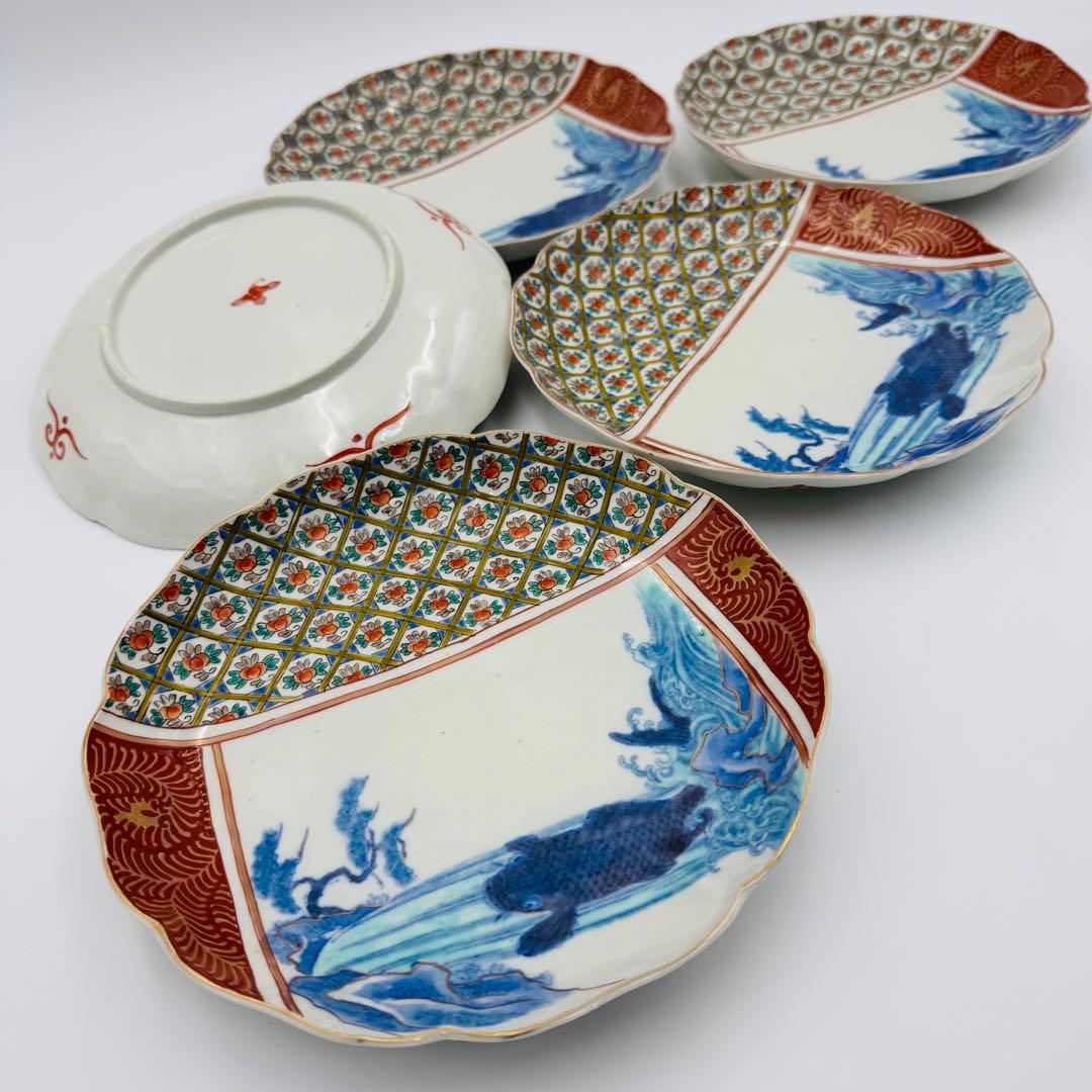 【時代　伊万里焼　滝に鯉　絵付皿　五客】骨董　アンティーク　インテリア