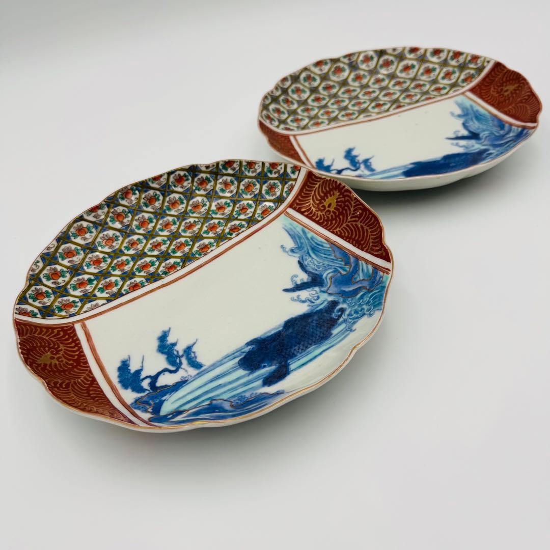 【時代　伊万里焼　滝に鯉　絵付皿　五客】骨董　アンティーク　インテリア