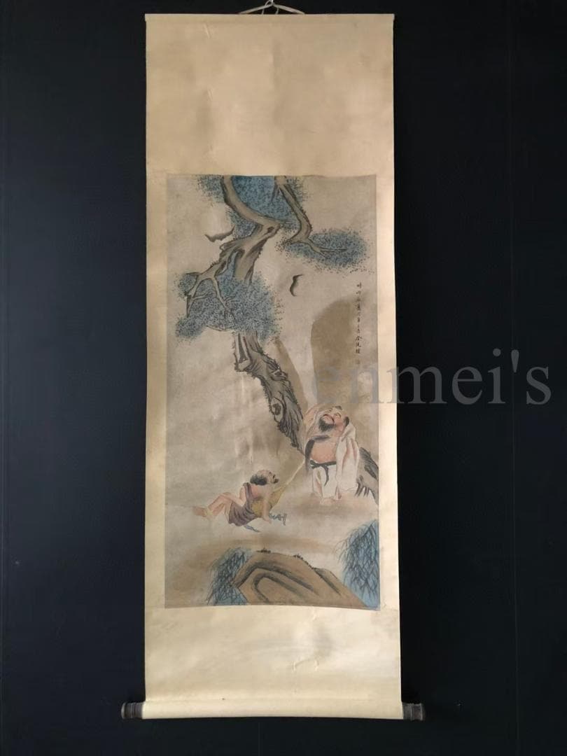 中国古美術・字画三尺中堂人物掛軸・水墨画・金廷標印款・書道・宣紙・純手描き・肉筆