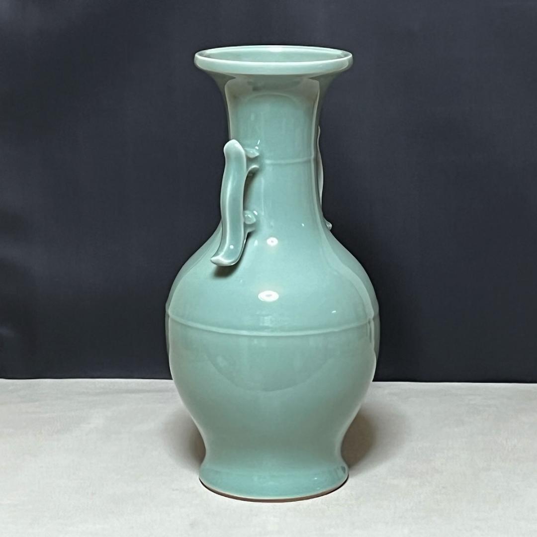 加藤渓山 砧青磁 耳付 花瓶 共箱 青磁 耳付花入 茶道具 【k3251】