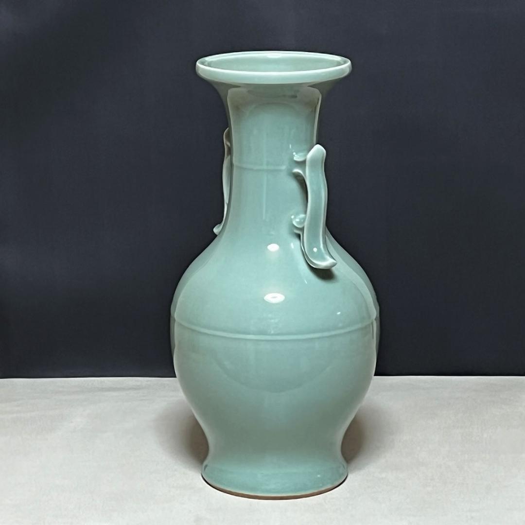 加藤渓山 砧青磁 耳付 花瓶 共箱 青磁 耳付花入 茶道具 【k3251】