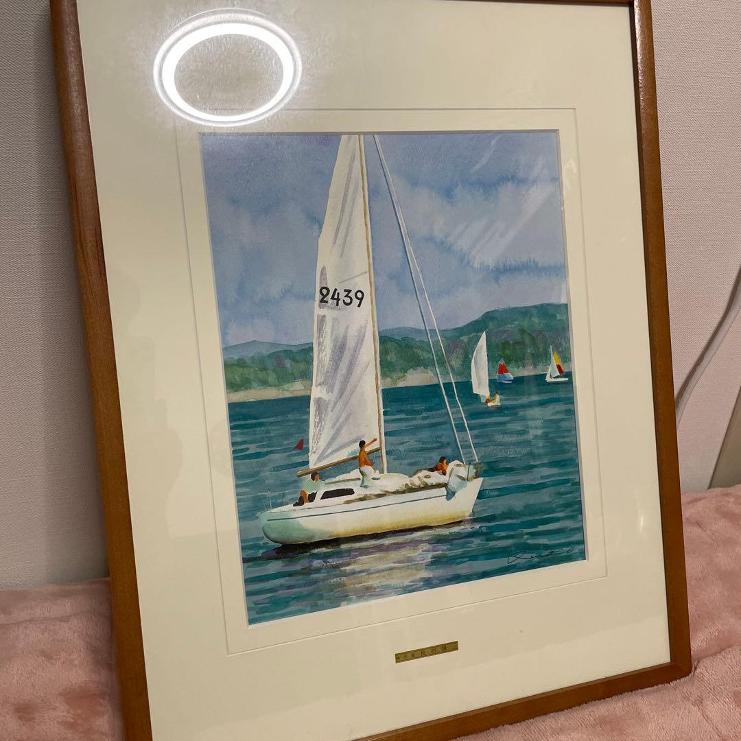 タイトル 額装絵画 ヨットのある風景 インテリア絵画 木製フレーム付　状態良好
