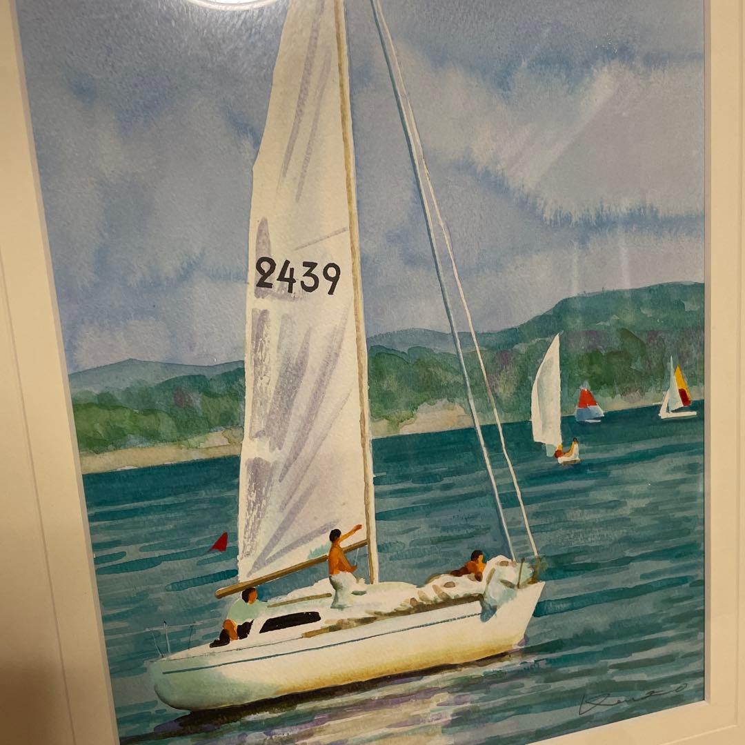 タイトル 額装絵画 ヨットのある風景 インテリア絵画 木製フレーム付　状態良好