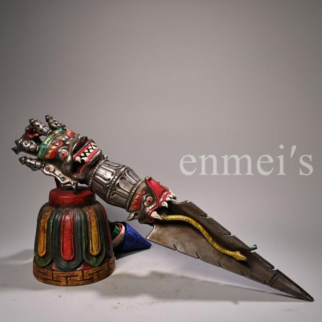 中国古美術・蔵伝工芸・寒鉄彩絵金剛降魔杵・手工錾刻・文房置物・鎮宅辟邪・風水法具