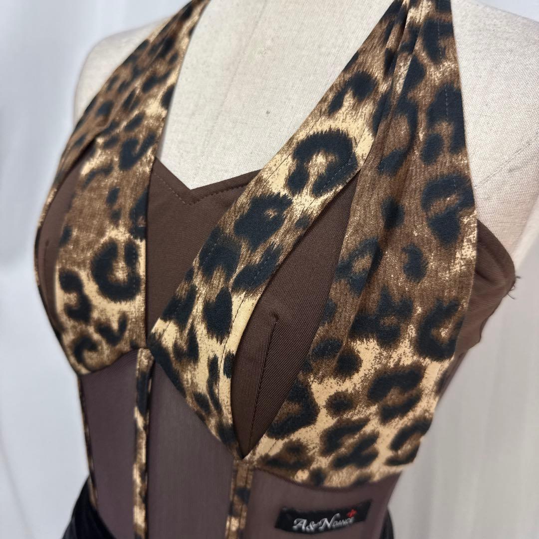 Y5768★S 茶色 黒 アニマル柄 フリンジ ラテンドレス 社交ダンス