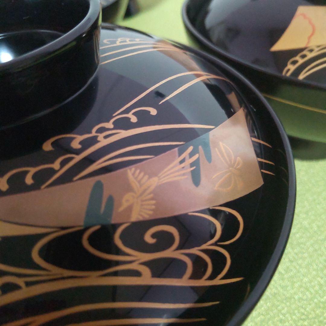 輪島塗 蓋付 椀 吸飲椀 波 鳥 金彩 蒔絵 松 黒 漆塗り 木箱付