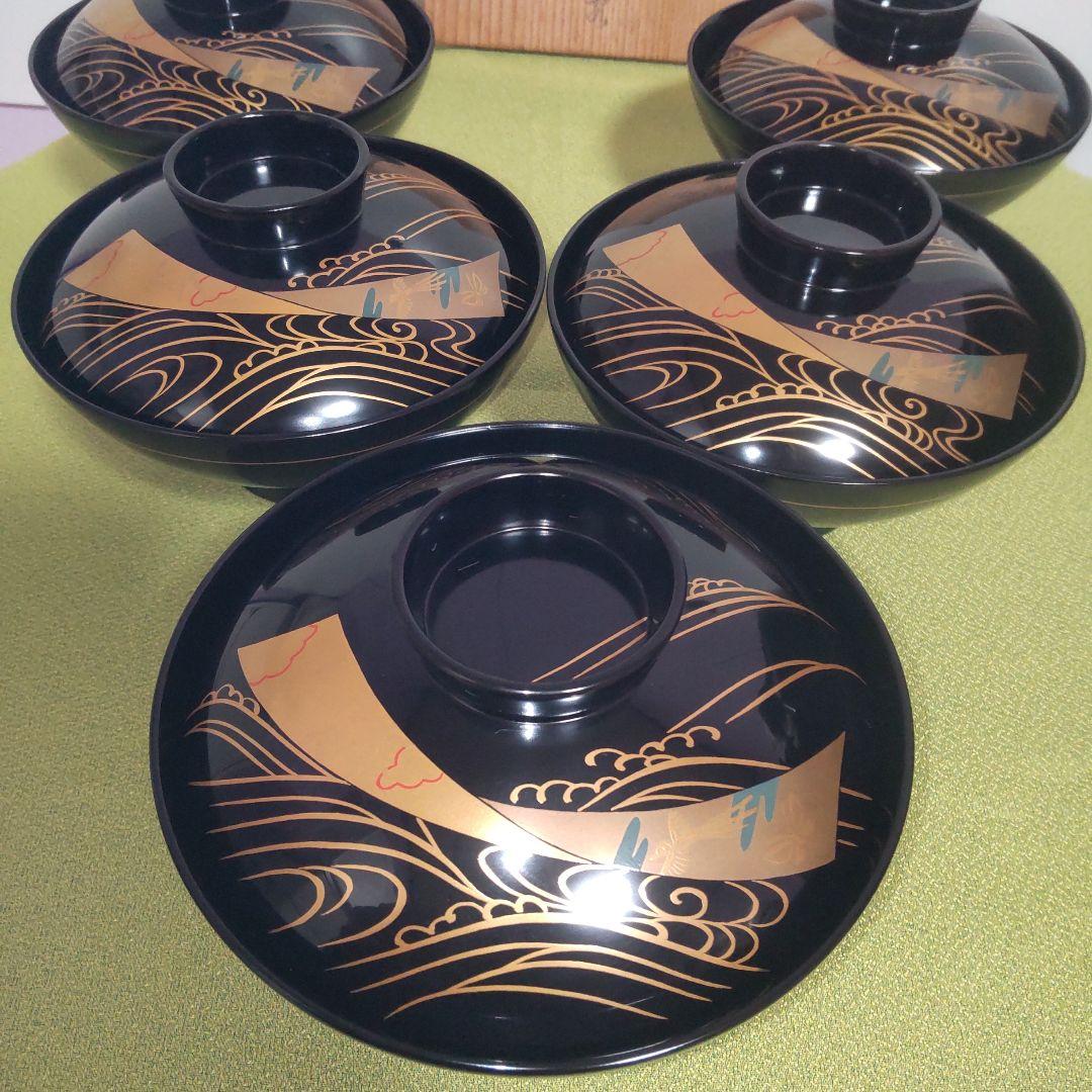 輪島塗 蓋付 椀 吸飲椀 波 鳥 金彩 蒔絵 松 黒 漆塗り 木箱付