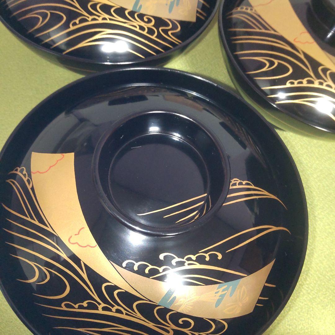 輪島塗 蓋付 椀 吸飲椀 波 鳥 金彩 蒔絵 松 黒 漆塗り 木箱付