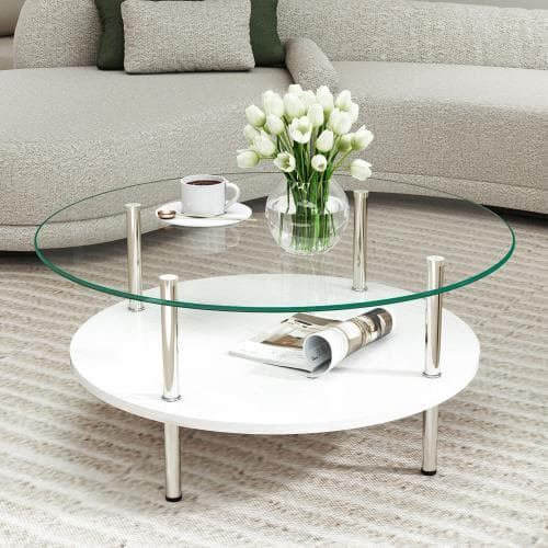 二段ラウンドコーヒーテーブル ホワイト 北欧モダン 収納棚付き 80cm