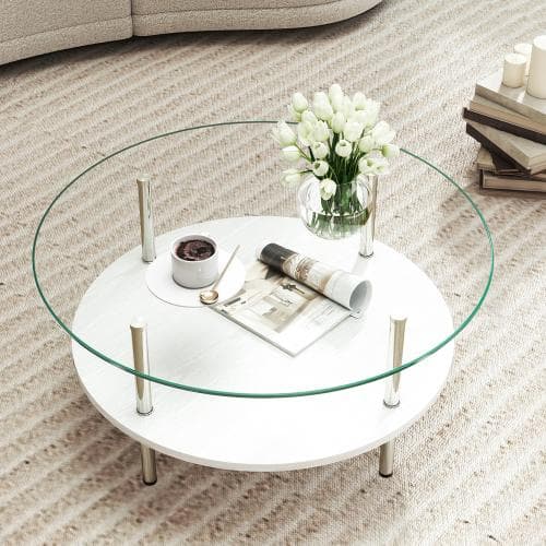 二段ラウンドコーヒーテーブル ホワイト 北欧モダン 収納棚付き 80cm