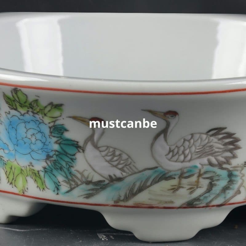 景徳鎮 磁器 手描きパステル彩鶴花鳥水仙鉢 大盆栽 小盆栽 工芸品 置物