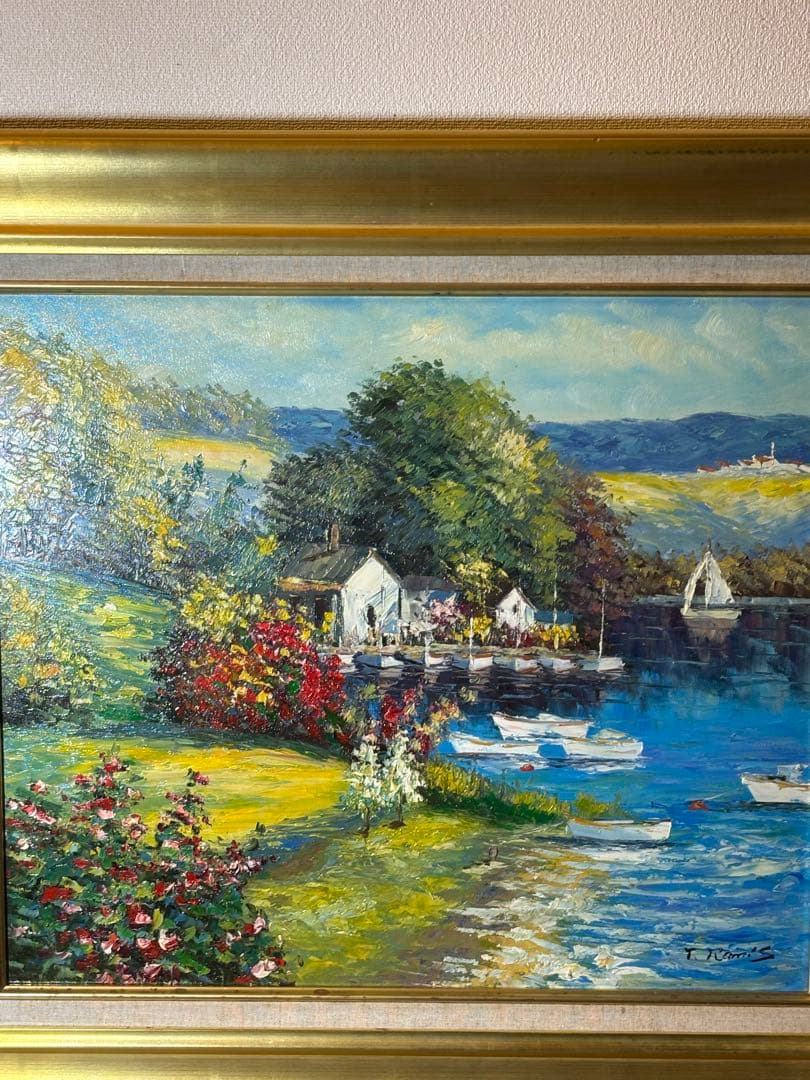 真作テリィーラミス フランスの人女な港 風景画 油彩画 T. Johnson