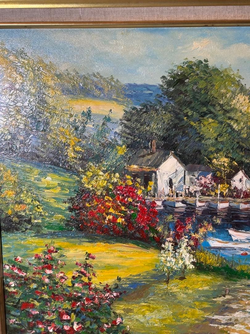 真作テリィーラミス フランスの人女な港 風景画 油彩画 T. Johnson