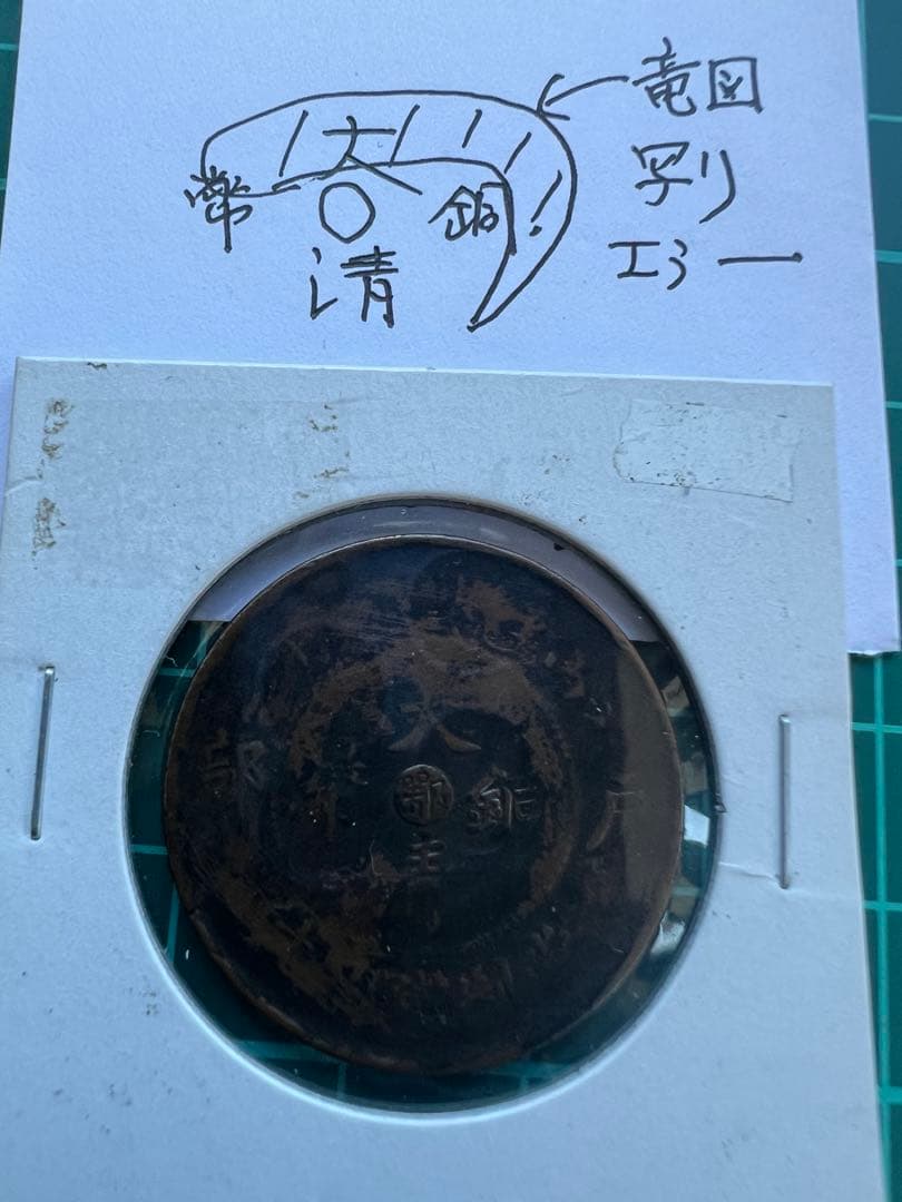 中国銭　大清銅幣　銭分面に竜図写りの陰打ち