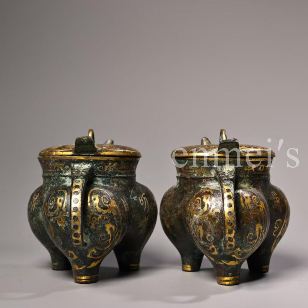 中国古美術・旧蔵青銅製錯金三足酒器 セット・酒具・分酒器・純手作り・置物・茶道具